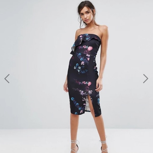 Bandeau Midi Dress in Dark Floral with Overlay - Picture 2 of 7